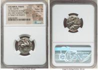 CALABRIA. Tarentum. Ca. 281-240 BC. AR stater or didrachm (20mm, 6.46 gm, 5h). NGC XF 4/5 - 4/5, flan flaw. Eu-, Sostratos, and Poly-, magistrates. Wa...