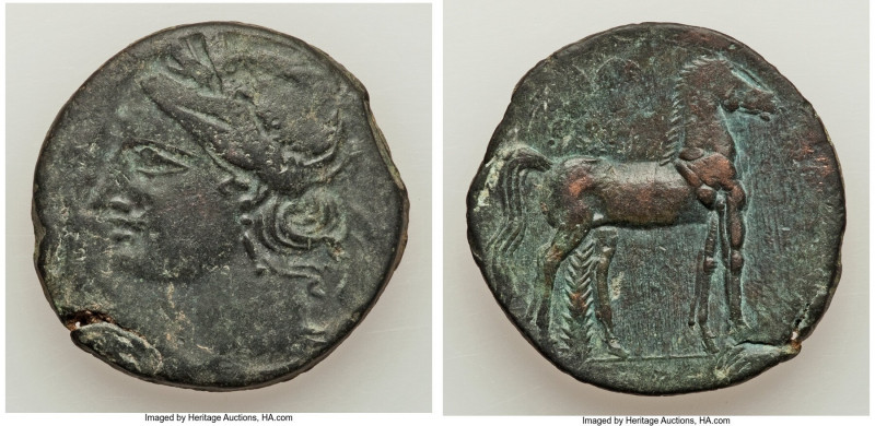 CARTHAGE. Zeugitana. Ca. 221-210 BC. AE trishekel (29mm, 19.13 gm, 12h). VF. Sec...