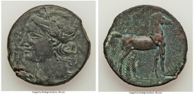CARTHAGE. Zeugitana. Ca. 221-210 BC. AE trishekel (29mm, 19.13 gm, 12h). VF. Second Punic War, ca. 220-215 BC. Head of Tanit left, wreathed with grain...