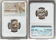 PAEONIAN KINGDOM. Lycceius (ca. 359/6-335 BC). AR tetradrachm (22mm, 12.82 gm, 6h). NGC Choice AU 5/5 - 4/5. Laureate head of Zeus right; dotted borde...