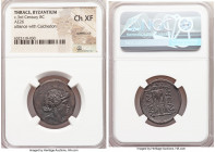 THRACE. Byzantium. Ca. 3rd century BC. AE (26mm, 11h). NGC Choice XF, overstruck. Alliance with Chalcedon. Laureate head of Apollo right / BYZAN / KAL...