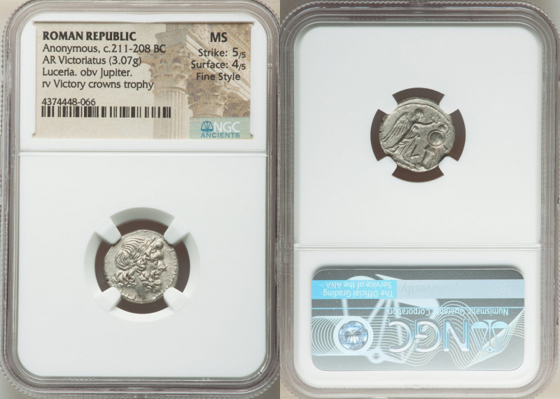 Anonymous. Ca. 211-208 BC. AR victoriatus (16mm, 3.07 gm, 7h). NGC MS 5/5 - 4/5,...