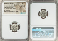 Anonymous. Ca. 211-208 BC. AR victoriatus (16mm, 3.07 gm, 7h). NGC MS 5/5 - 4/5, Fine Style. Luceria. Laureate head of Jupiter right, bead-and-reel bo...
