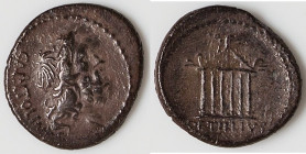 Petillius Capitolinus (43 BC). AR denarius (19mm, 3.59 gm, 6h). Choice Fine. Rome. CAPITOLINVS, bare head of bearded Jupiter right, dotted border / PE...