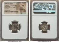 Augustus (27 BC-AD 14). AR denarius (18mm, 2h). NGC VF, bankers mark, scratches. Lugdunum, ca. 15-13 BC. AVGVSTVS-DIVI•F, bare head of Augustus right ...