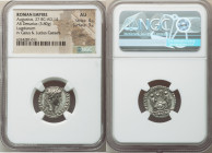 Augustus (27 BC-AD 14). AR denarius (18mm, 3.80 gm, 12h). NGC AU 4/5 - 3/5, scratch. Lugdunum, 2 BC-AD 4. CAESAR AVGVSTVS-DIVI F PATER PATRIAE, laurea...