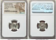 Tiberius (AD 14-37). AR denarius (18mm, 3.69 gm, 11h). NGC Choice VF 3/5 - 3/5, scratches, flan flaw. Lugdunum, ca. AD 15-18. TI CAESAR DIVI-AVG F AVG...