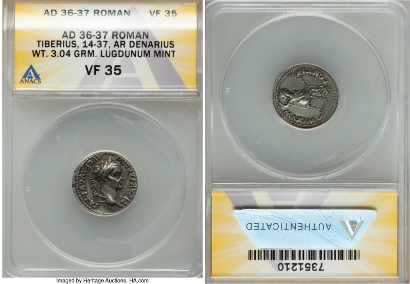 Tiberius (AD 14-37). AR denarius (18mm, 3.04 gm, 3h). ANACS VF 35. Lugdunum, ca....