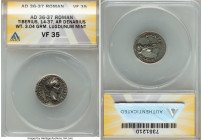Tiberius (AD 14-37). AR denarius (18mm, 3.04 gm, 3h). ANACS VF 35. Lugdunum, ca. AD 15-18. TI CAESAR DIVI-AVG F AVGVSTVS, laureate head of Tiberius ri...