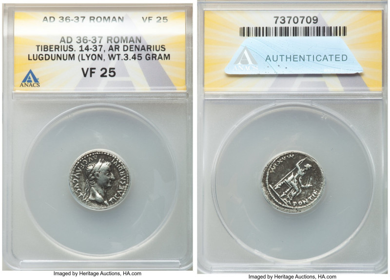 Tiberius (AD 14-37). AR denarius (19mm, 3.45 gm, 2h). ANACS VF 25. Lugdunum, ca....