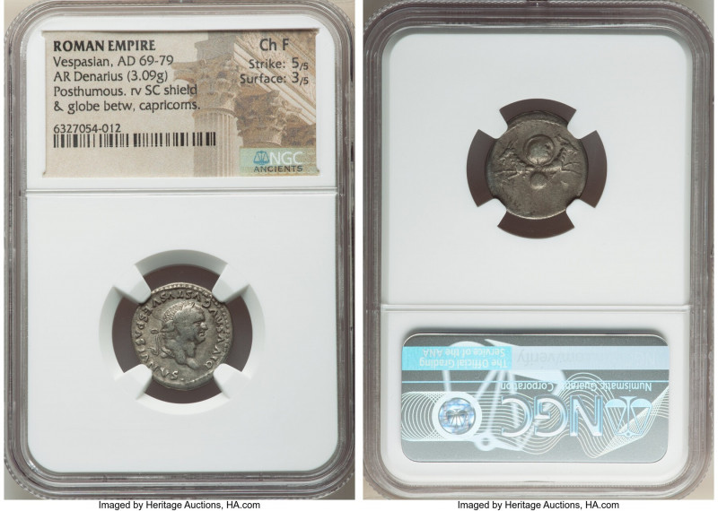 Divus Vespasian (AD 69-79). AR denarius (18mm, 3.09 gm, 6h). NGC Choice Fine 5/5...