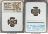 Titus, as Caesar (AD 79-81). AR denarius (18mm, 3.35 gm, 7h). NGC XF 4/5 - 3/5. Rome, AD 74. T CAESAR-IMP VESPASIAN, laureate head of Titus right / PO...