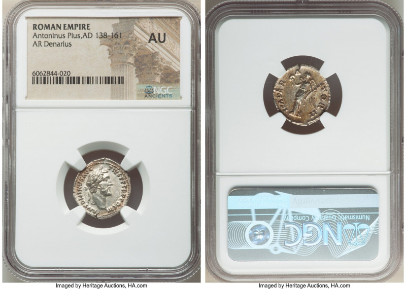 Antoninus Pius (AD 138-161). AR denarius (19mm, 7h). NGC AU. Rome, AD 143-144. A...