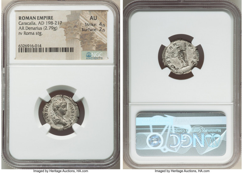 Caracalla, as Caesar (AD 198-217). AR denarius (19mm, 2.79 gm, 5h). NGC AU 4/5 -...