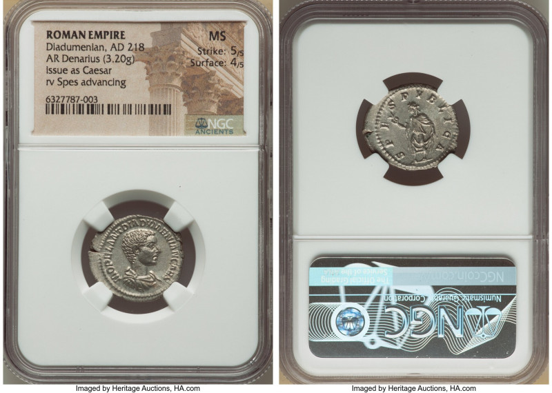 Diadumenian, as Caesar (AD 218). AR denarius (21mm, 3.20 gm, 6h). NGC MS 5/5 - 4...