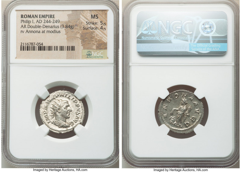 Philip I (AD 244-249). AR antoninianus (23mm, 3.84 gm, 1h). NGC MS 5/5 - 4/5. Ro...