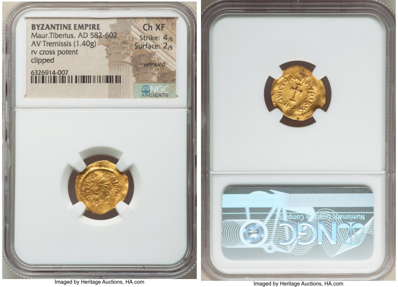 Maurice Tiberius (AD 582-602). AV tremissis (17mm, 1.40 gm, 7h). NGC Choice XF 4...