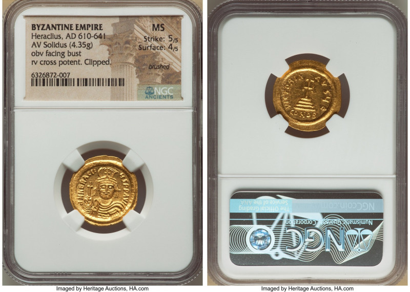 Heraclius (AD 610-641). AV solidus (21mm, 4.35 gm, 6h). NGC MS 5/5 - 4/5, brushe...