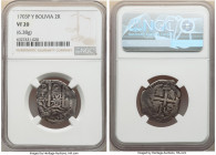 Philip V Cob 2 Reales 1703 P-Y VF20 NGC, Potosi mint, KM29, Cal-878. 6.38gm. Struck on a somewhat oblong flan, showing two partial dates and clear ID ...