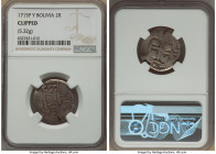 Philip V Cob 2 Reales 1715 P-Y Clipped NGC, Potosi mint, KM29, Cal-891. 5.32gm. Showing an interesting well-centered strike, on a rounded flan, bearin...