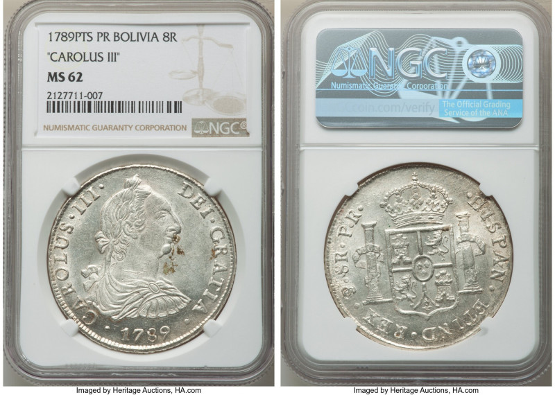 Charles III 8 Reales 1789 PTS-PR MS62 NGC, Potosi mint, KM64. Shimmering luster ...