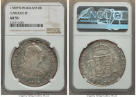 Charles IV 8 Reales 1789 PTS-PR AU55 NGC, Potosi mint, KM64. "CAROLUS III". An Almost Uncirculated 8 Reales with a stone-gray tone. 

HID09801242017

...