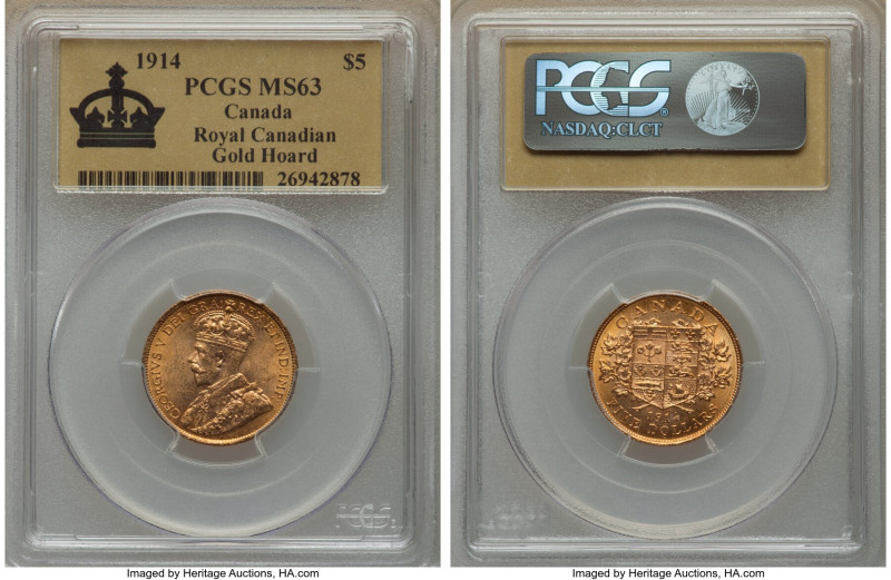 George V gold 5 Dollars 1914 MS63 PCGS, KM26. A near gem with apricot golden sur...