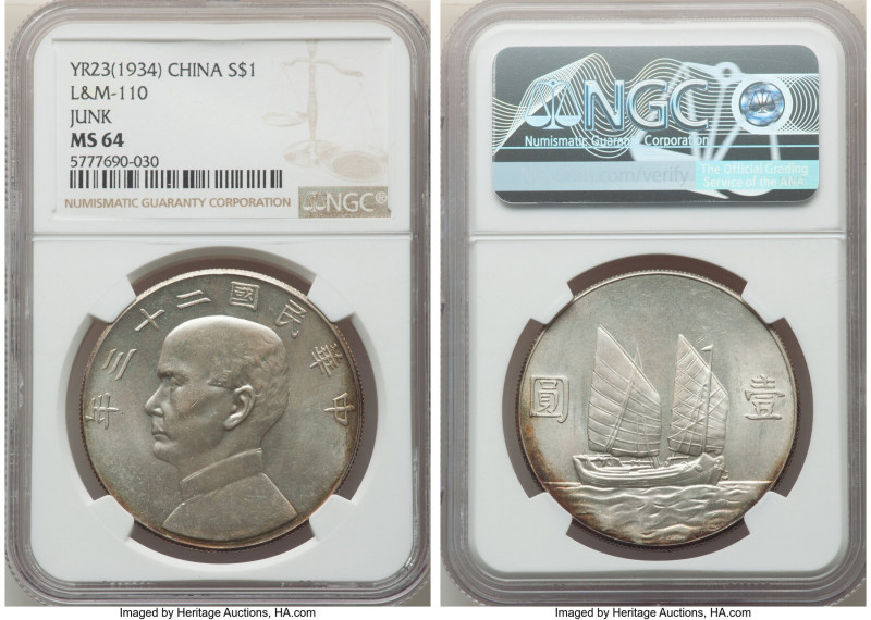 Republic Sun Yat-sen "Junk" Dollar Year 23 (1934) MS64 NGC, KM-Y345, L&M-110. Se...