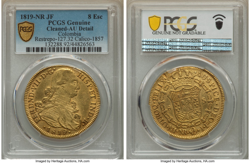 Ferdinand VII gold 8 Escudos 1819 NR-JF AU Details (Cleaned) PCGS, Nuevo Reino m...