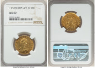 Louis XV gold Louis d'or 1737-1739 MS62 NGC, Rennes mint, KM489.26, Fr-461. A dazzling example weaving luminous sunny fields over Semi-Prooflike surfa...