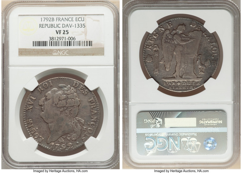 Louis XVI Ecu L'An 4 (1792)-B VF25 NGC, Rouen mint, KM615.3, Dav-1335. Gunmetal ...