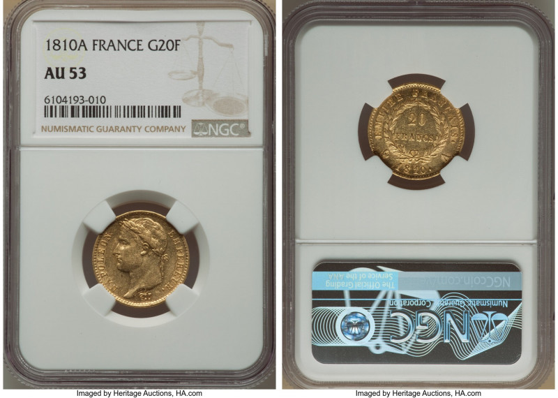 Napoleon gold 20 Francs 1810-A AU53 NGC, Paris mint, KM695.1. A coin with pale-g...