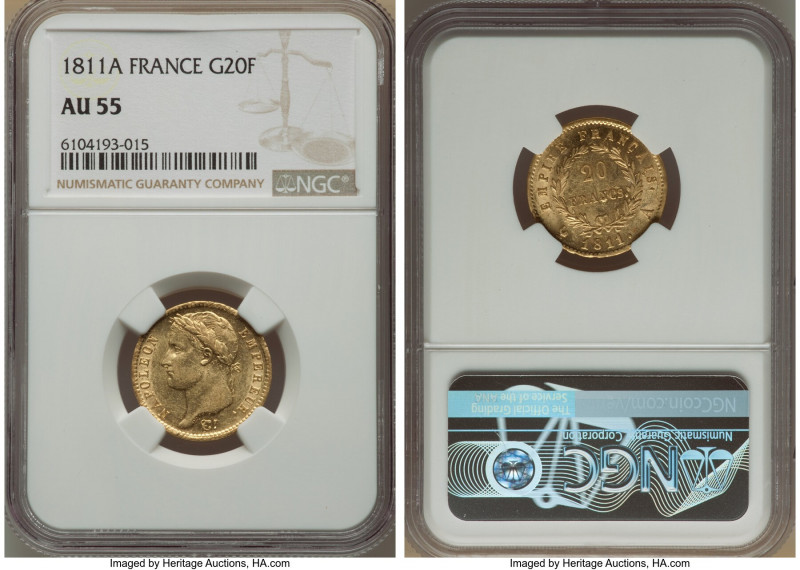 Napoleon gold 20 Francs 1811-A AU55 NGC, Paris mint, KM695.1. An Almost Uncircul...