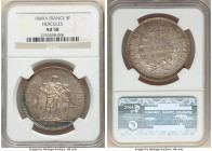 Republic 5 Francs 1849-A AU58 NGC, Paris mint, KM761.1. Two year type Hercules group. Taupe and gray with a neon blue half-moon tone on lower edge of ...