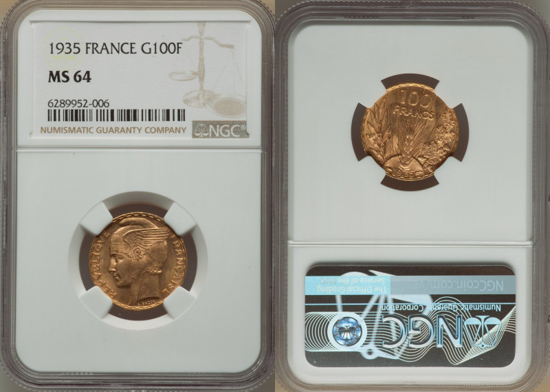 Republic gold 100 Francs 1935 MS64 NGC, Paris mint, KM880. An apricot-toned near...