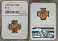 Republic gold 100 Francs 1935 MS64 NGC, Paris mint, KM880. An apricot-toned near gem Franc. 

HID09801242017

© 2022 Heritage Auctions | All Rights Re...