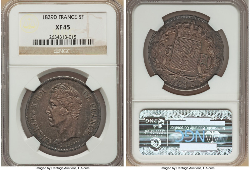 Pair of Certified Assorted 5 Francs NGC, 1) Charles X 5 Francs 1829-D - XF45, KM...