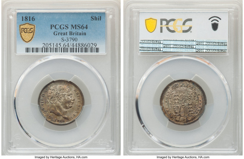 George III Shilling 1816 MS64 PCGS, KM666, S-3790. Multi-colored toning with res...