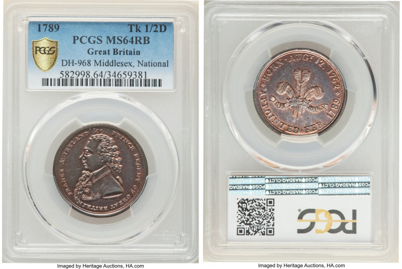 Middlesex. copper 1/2 Penny Token 1789 MS64 Red and Brown PCGS, D&H-968. Nationa...