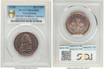 Middlesex. copper 1/2 Penny Token 1789 MS64 Red and Brown PCGS, D&H-968. National series. PRINCE REGENT OF GREAT BRITAIN FRANCE & IRELAND & CC. Bust o...