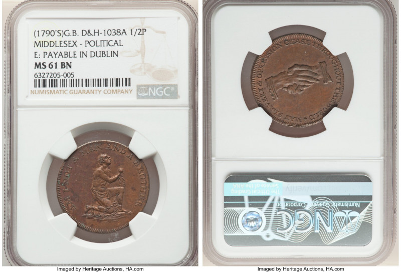Middlesex. Political copper 1/2 Penny Token ND (1790's) MS61 Brown NGC, D&H-1038...