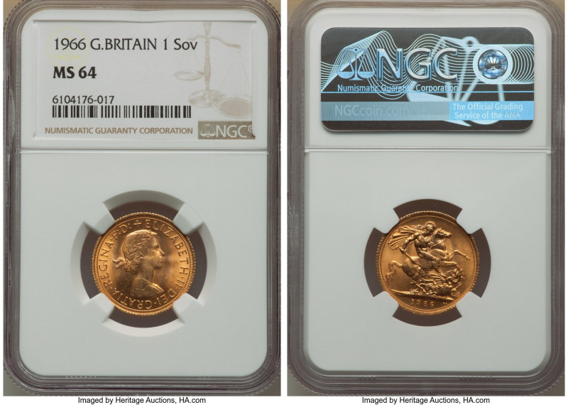 Elizabeth II gold Sovereign 1966 MS64 NGC, KM908. An appealing Choice Mint State...