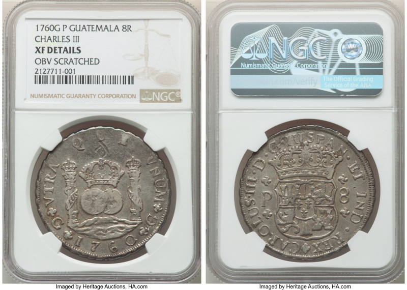 Charles III 8 Reales 1760 G-P XF Details (Obverse Scratched) NGC, Nueva Guatemal...