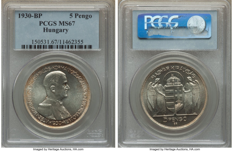 Republic 5 Pengo 1930-BP MS67 PCGS, Budapest mint, KM512.1. An inviting Gem Mint...