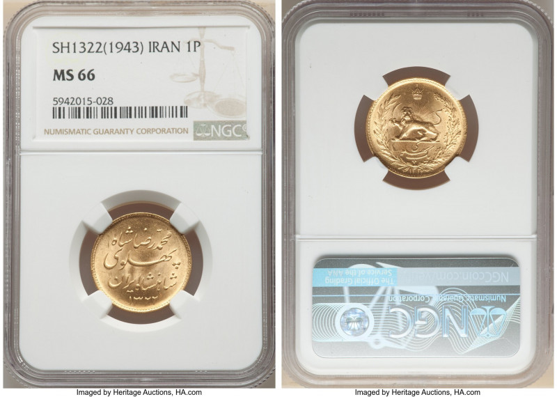 Muhammad Reza Pahlavi gold Pahlavi SH 1322 (1943) MS66 NGC, KM1148. A prime qual...