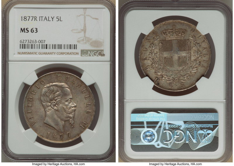 Vittorio Emanuele II 5 Lire 1877-R MS63 NGC, Rome mint, KM8.4. A Choice Mint Sta...