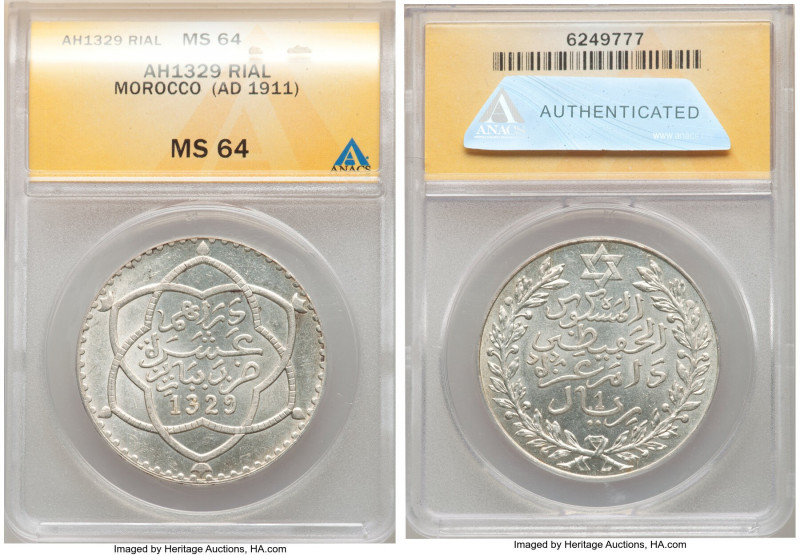 'Abd al-Hafiz Rial (10 Dirhams) AH 1329 (1911)-PA MS64 ANACS, Paris mint, KM-Y25...