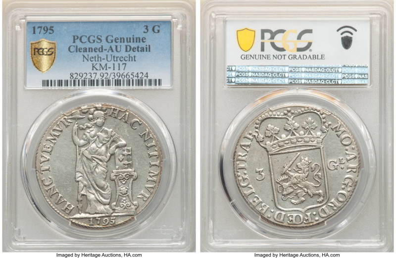 Batavian Republic. Provincial 3 Gulden 1795 AU Details (Cleaned) PCGS, Utrecht m...