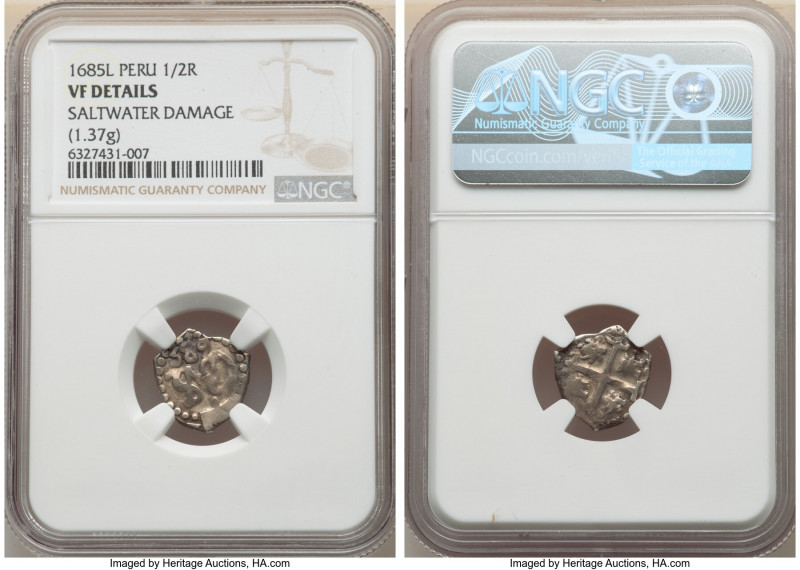 Charles II Cob 1/2 Real 1685-L VF Details (Saltwater Damage) NGC, Lima mint, KM2...