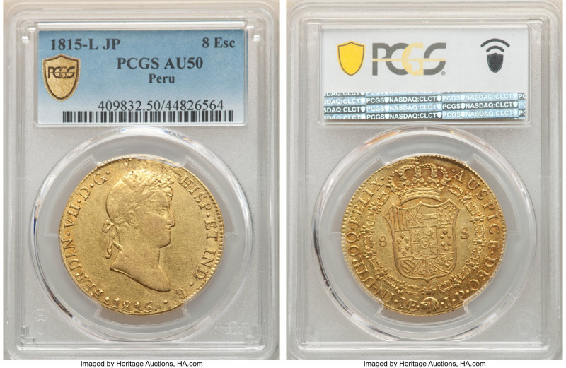 Ferdinand VII gold 8 Escudos 1815 LM-JP AU50 PCGS, Lima mint, KM129.1. AGW 0.761...
